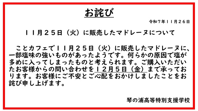 マドレーヌ強塩味のお詫びHP